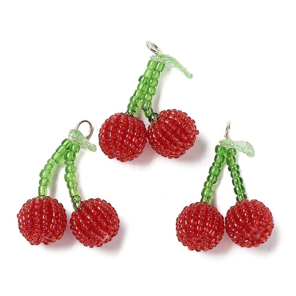8195 10Pcs Red Cherry Charms Glass Seed Beaded Cherries Pendants Cute